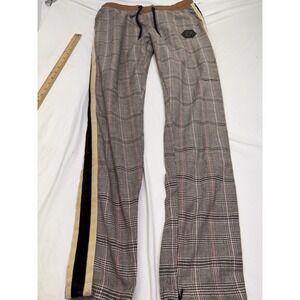 Hudson Outerwear pants Large tapered leg plaid red tan zipper ankles stripe side